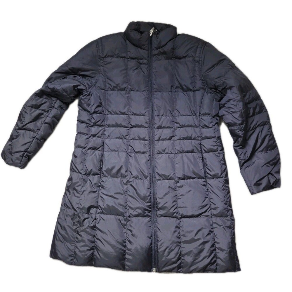 Lands' End  Down Puffer Coat Sz L Petite Black Long Quilted Zip Reversible EUC